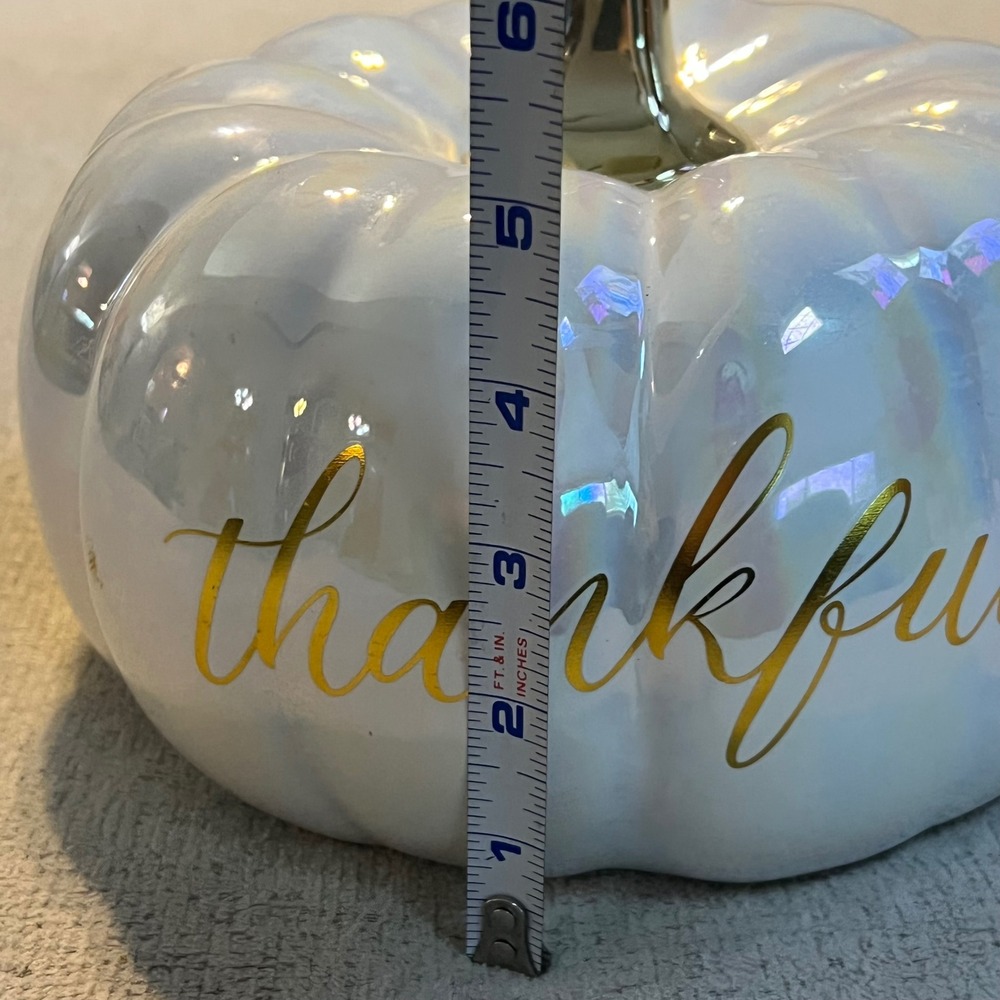 Iridescent‎ White Ceramic Thankful Pumpkin Gold Stem Fall Thanksgiving Decor 6in - Picture 5 of 5